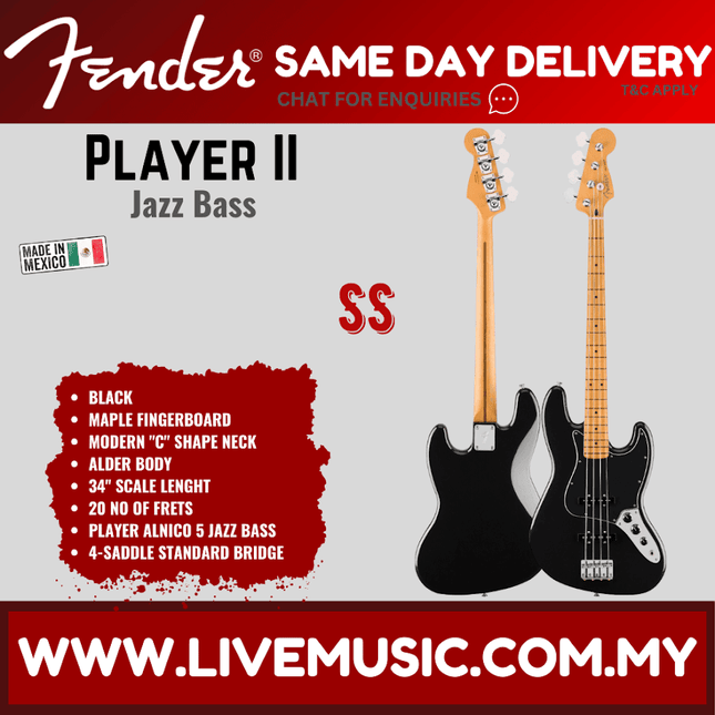 Jazz bass guitar, black body with maple fingerboard and two pickups