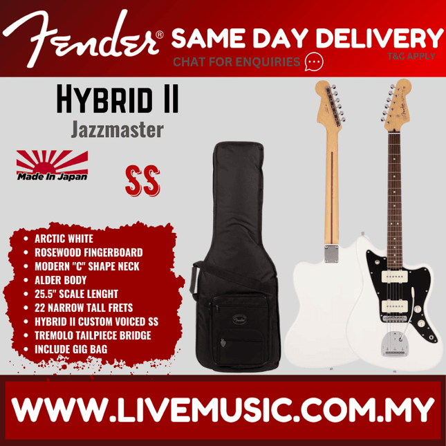 Fender Japan Hybrid II Jazzmaster Electric Guitar, Rosewood Fretboard with Gig Bag - Arctic White