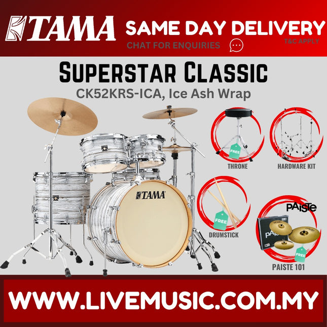 5-piece drum set with cymbals in Ice Ash wrap, including bass, toms, snare, throne