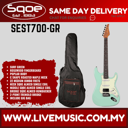 SQOE SEST700 Stratocaster HSS Electric Guitar w/Gig Bag, Rosewood FB - Surf Green ( SEST-700 / SEST 700 )