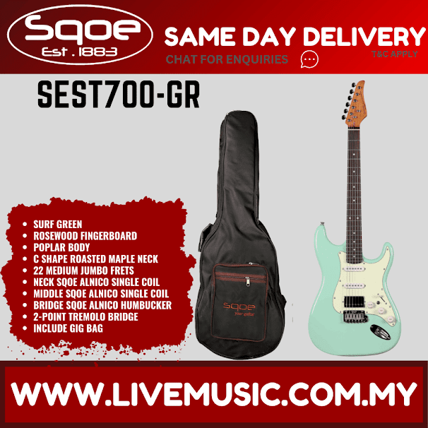 SQOE SEST700 Stratocaster HSS Electric Guitar w/Gig Bag, Rosewood FB - Surf Green ( SEST-700 / SEST 700 )