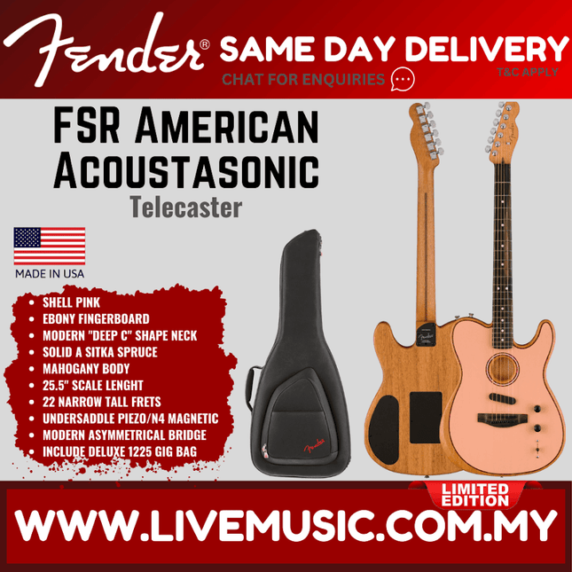 Fender FSR American Acoustasonic Telecaster Guitar w/Bag, Ebony FB, Shell Pink