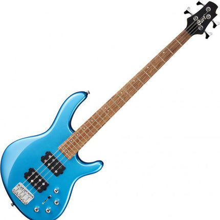 Tasman Light Blue electric bass guitar angled view with Jatoba fretboard and pickups