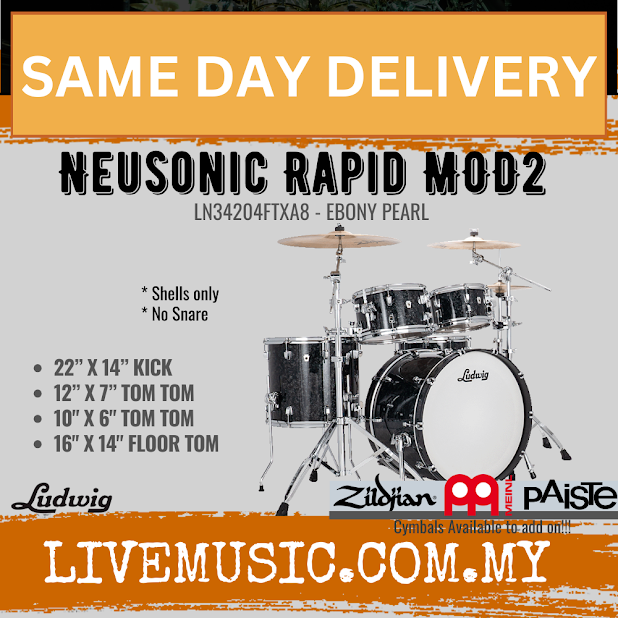 Ludwig LN34204FTXA8 Neusonic 4-Piece Rapid MOD2 Drum Shell (22B/16F/10T/12T), Ebony Pearl