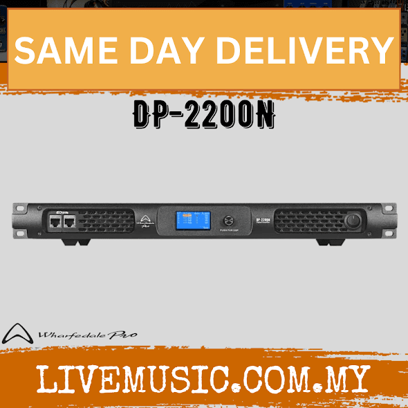 Wharfedale Pro DP-2200N dual-channel amplifier front panel with blue display and controls