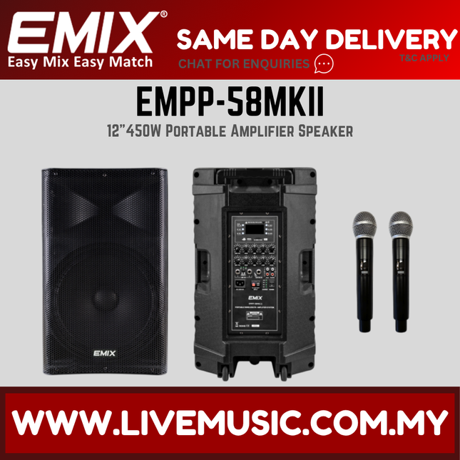 Black portable amplifier speaker with control panel and two wireless microphones