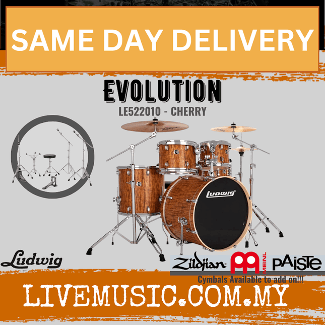 Ludwig LE522010 / LE522018 / LE522028 / LE522024 Evolution 5-Piece Drum Kit w/Hardware, Cherry / Mint /Platinum / Copper