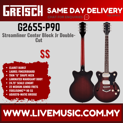 Gretsch G2655-P90 Streamliner Center Block Jr Electric Guitar, Laurel FB, Claret Burst