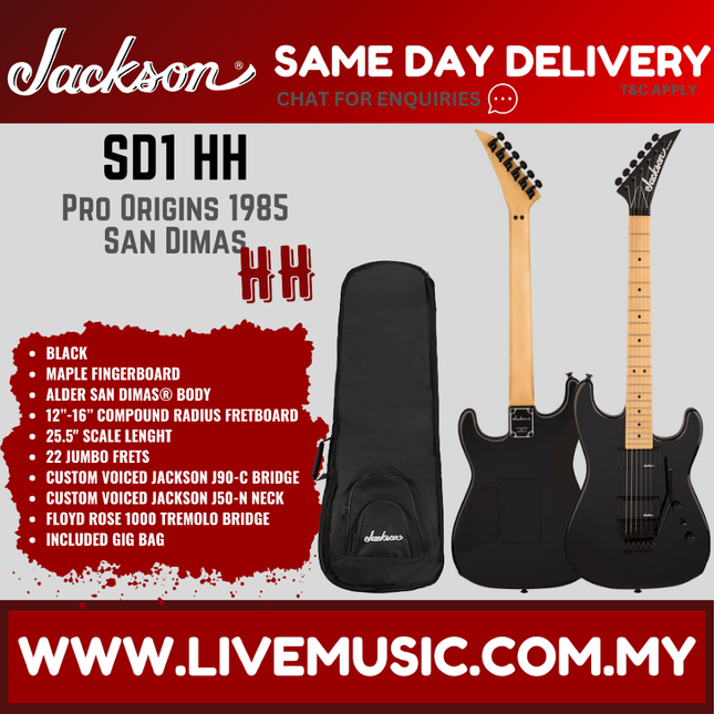 Jackson SD1 HH Pro Origins 1985 San Dimas Electric Guitar, Maple FB, Gloss Black ( SD1HH / SD-1HH )