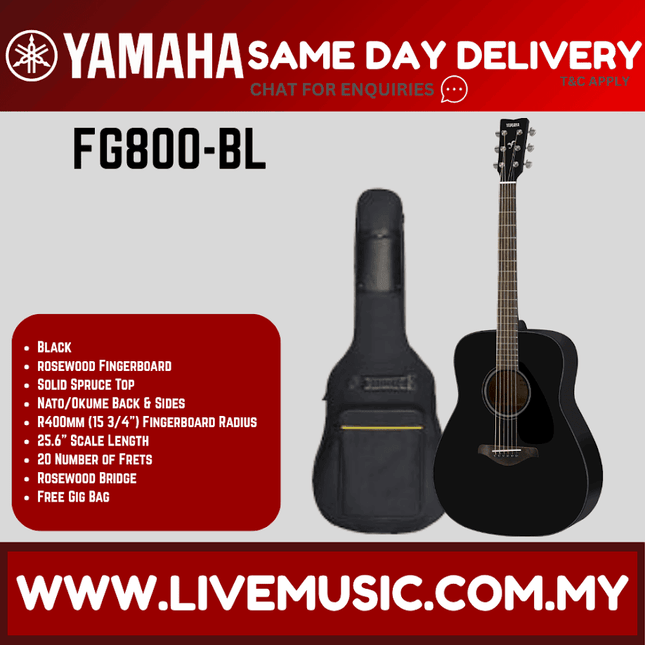 Yamaha FG800 41" Dreadnought Solid Sitka Spruce Top Acoustic Guitar- Black/Natural/Brown Sunburst/Sand Burst (FG 800)
