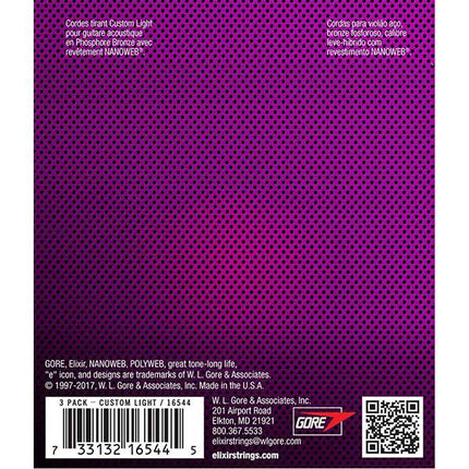 Elixir 16544 Nanoweb Phosphor Bronze Custom Light Acoustic Guitar Strings - 3 Pack (11-52)