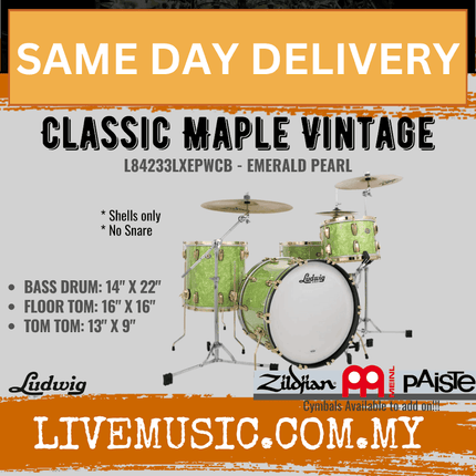 Ludwig L84233LXEPWCB Classic Maple Vintage 3-Piece (22/16/13) Drum Shell Kit, Emerald Pearl
