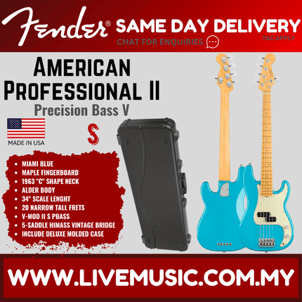 Fender American Professional II Precision Bass V Electric Guitar, Maple Fretboard - Miami Blue