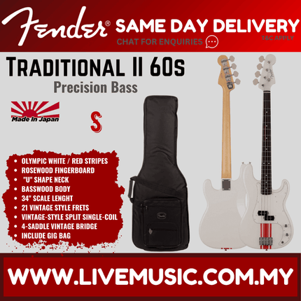 Fender Japan Traditional II 60s Precision Bass Guitar, RW FB, Olympic White / Red Stripes