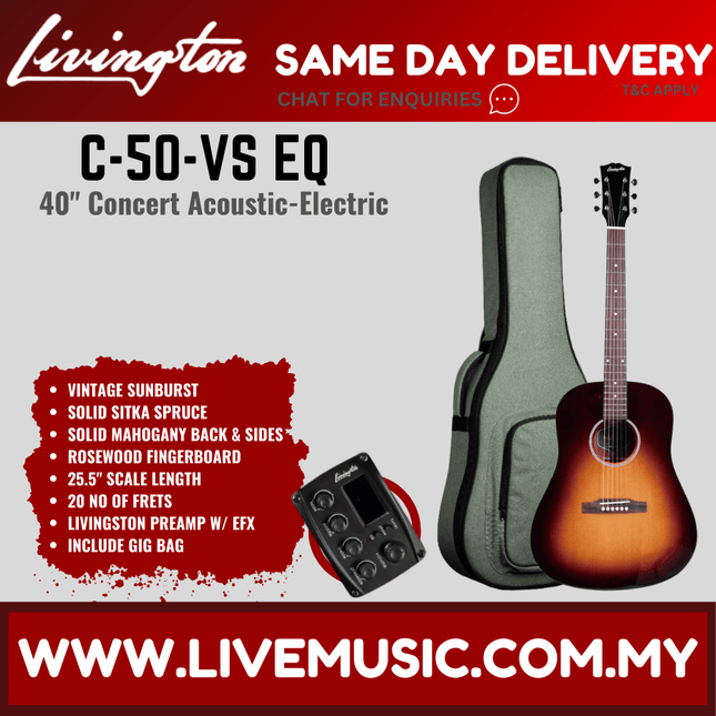 Concert acoustic-electric guitar with gig bag and pickup control, deep red-brown sunburst finish.