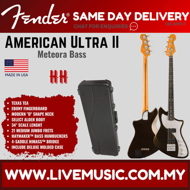 Fender American Ultra II Meteora Bass Guitar, Ebony FB, Texas Tea