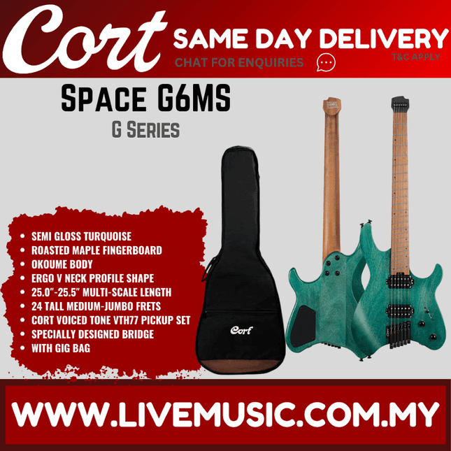 Cort Space G6MS Headless Electric Guitar w/ Gig Bag, Roasted Maple Fingerboard - Semi Gloss Turquoise