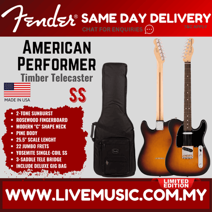 Fender American Performer Timber Telecaster Electric Guitar, RW FB, 2-color Sunburst