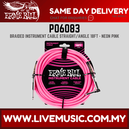 Ernie Ball 6083 Braided Straight to Right Angle Instrument Cable, Neon Pink, 18ft