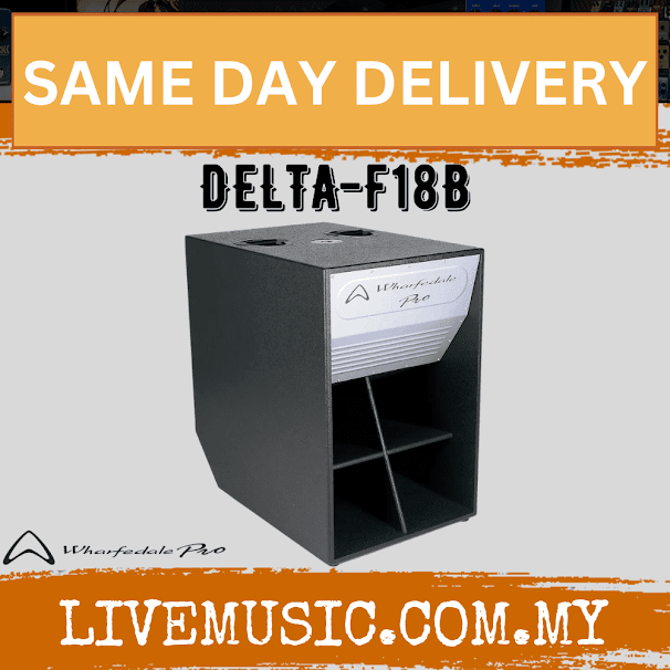 Folded horn subwoofer with black cabinet and front openings, labeled DELTA-F18B