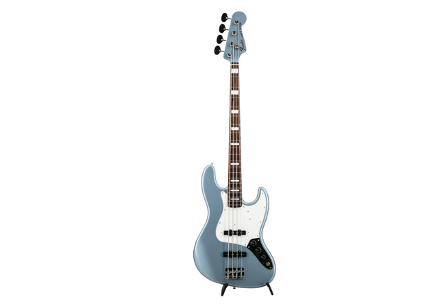 Ice blue metallic Jazz bass guitar with pickguard, bridge, and four knobs