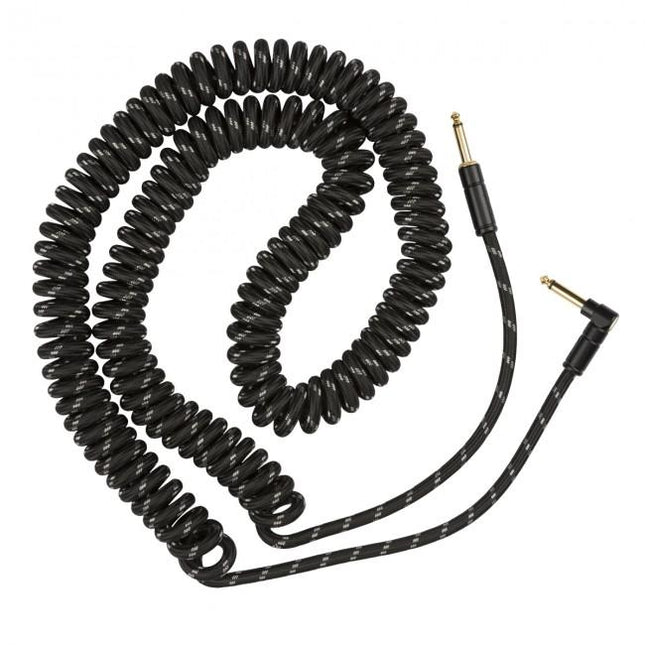 Black coiled instrument cable with 1/4" TS plugs, 30 ft length