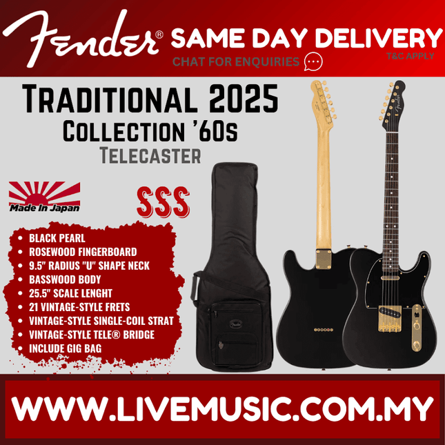 Fender Japan Traditional 2025 Collection 60s Telecaster Electric Guitar, RW FB, Black Pearl
