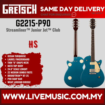 Gretsch G2215-P90 Streamliner Junior Jet Club Electric Guitar, Laurel FB, Ocean Turquoise