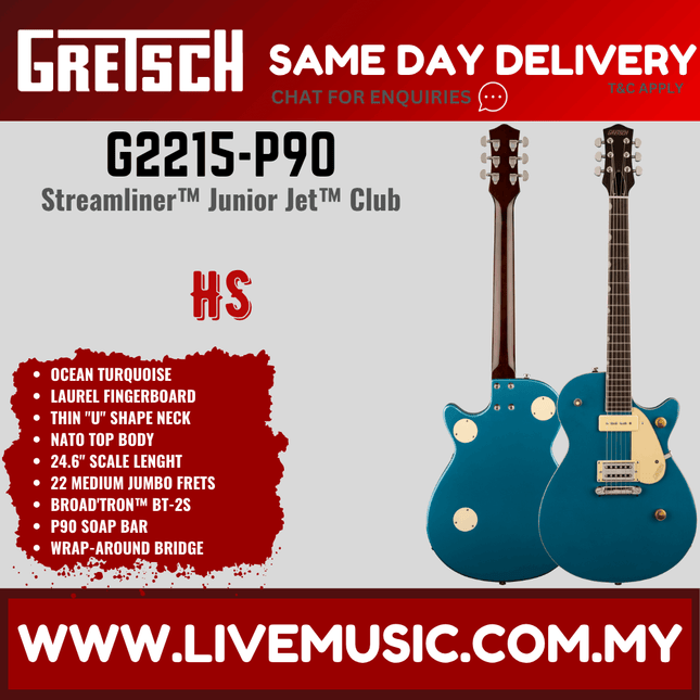 Gretsch G2215-P90 Streamliner Junior Jet Club Electric Guitar, Laurel FB, Ocean Turquoise