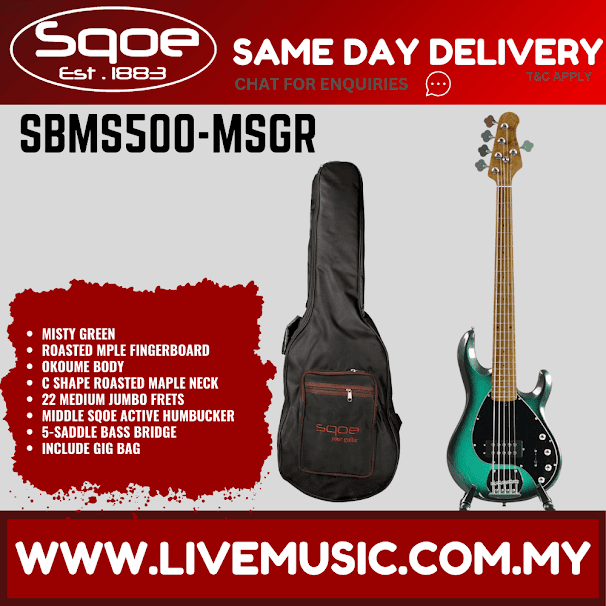 Sqoe SBMS500 5-String Electric Bass Guitar With Gig Bag, Roasted Maple FB - Mist Green ( SBMS500 / SBMS-500 )