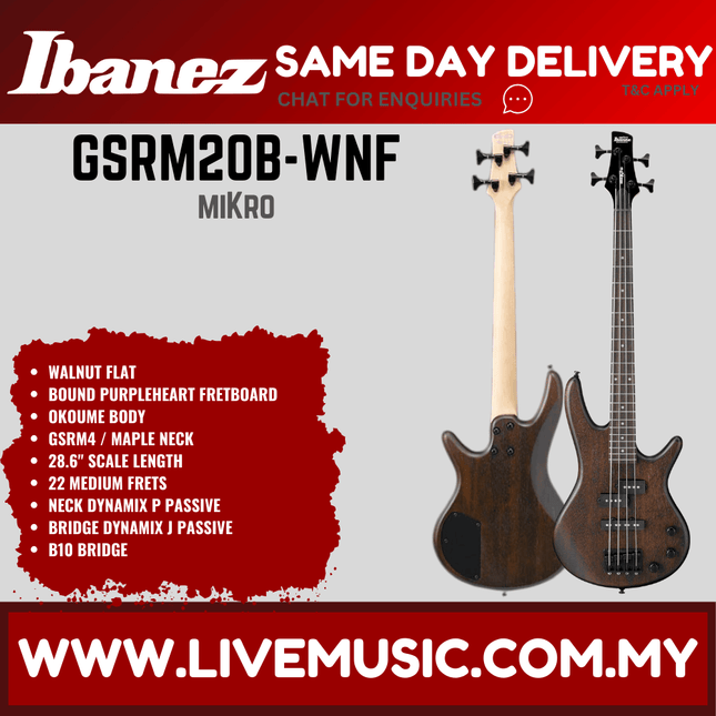Ibanez GSRM20B MiKro Solid Body Bass Guitar Rosewood Fretboard - Walnut Flat / Weathered Black (GSRM20B-WK GSRM20B-WNF)