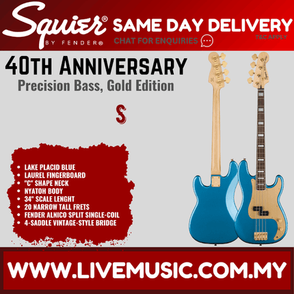 Squier 40th Anniversary Gold Edition Precision Bass Guitar, Lake Placid Blue