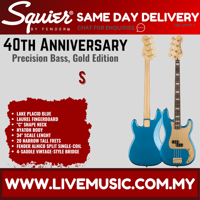 Squier 40th Anniversary Gold Edition Precision Bass Guitar, Lake Placid Blue