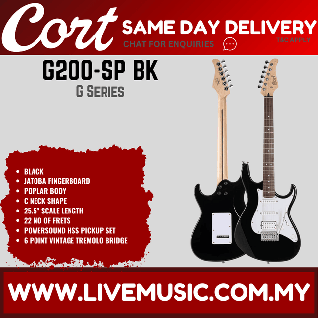 Cort G200-SP BK Special Production Electric Guitar Jatoba Fretboard with Gig Bag - Black (G200 SP/G200SP)