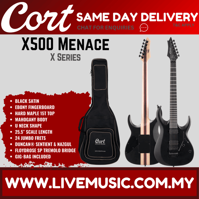 Cort X500 Menace Electric Guitar Ebony Fretboard with Bag - Black Satin (X-500/X 500)