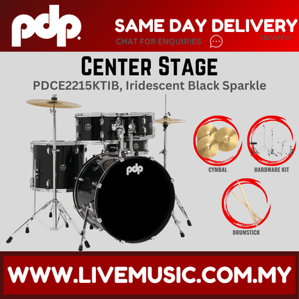 PDP Center Stage 5-piece Complete Drum Set with Hardware, Stool and Cymbal - Iridescent Black Sparkle ( PDCE2215KT )