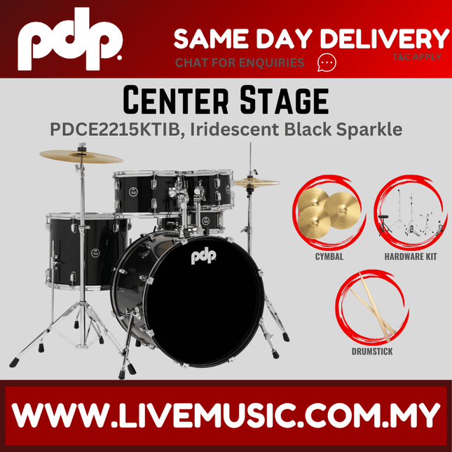 PDP Center Stage 5-piece Complete Drum Set with Hardware, Stool and Cymbal - Iridescent Black Sparkle ( PDCE2215KT )