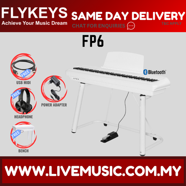 Flykeys FP6 88-Key Budgetary Beginner Digital Piano w/Piano Bench And Headphone - White / Black ( FP-6 / FP 6 )