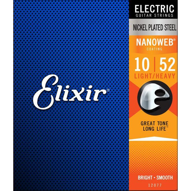 Elixir 12077 Nanoweb Coated Electric Guitar Strings, Light to Heavy (10-52)