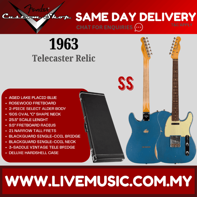 Fender Custom Shop 1963 Telecaster Relic Guitar, RW FB, Aged Lake Placid Blue