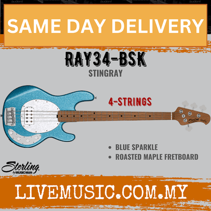 Sterling Ray34 StingRay4 4-String Electric Bass Guitar, Roasted Maple Fretboard - Blue Sparkle  (Ray-34)