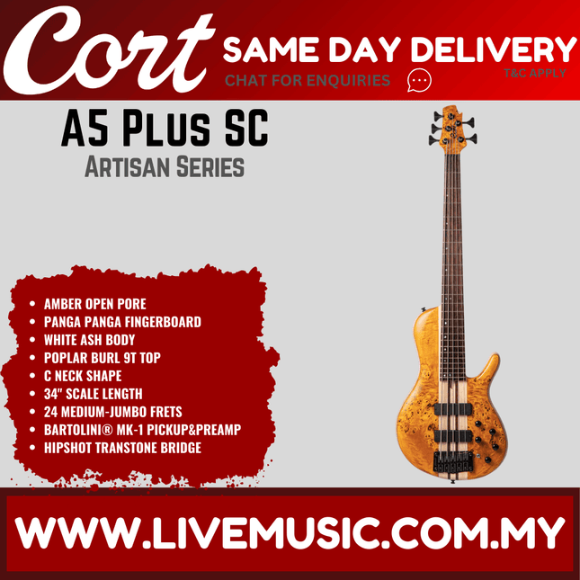 Cort A5 Plus SC Electric Bass Guitar Jatoba Fretboard with Case - Amber Open Pore (A-5/A 5)