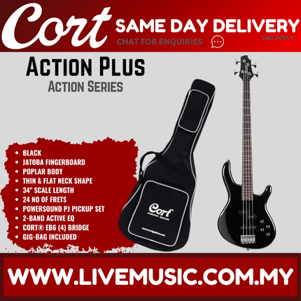 Cort Action Plus Electric Bass Jatoba Fretboard Guitar with Bag - Black (ActionPlus/Action-Plus)