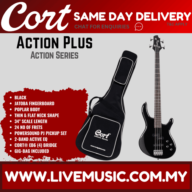 Cort Action Plus Electric Bass Jatoba Fretboard Guitar with Bag - Black (ActionPlus/Action-Plus)