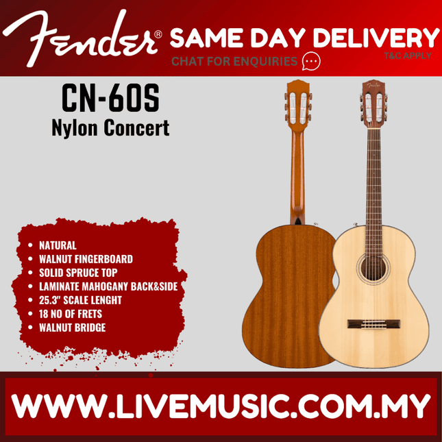 Fender CN-60S nylon string classical guitar with natural wood body and rosette