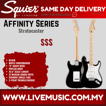 Squier Affinity Series Stratocaster delivery ad with black electric guitar silhouette