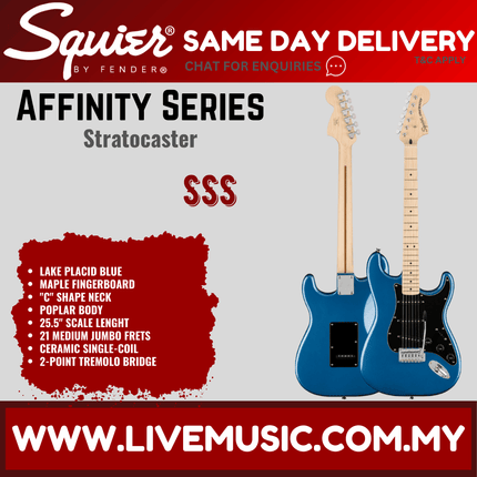 Squier Affinity Series Stratocaster promotional graphic with blue electric guitar