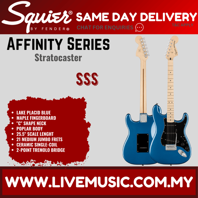 Squier Affinity Series Stratocaster promotional graphic with blue electric guitar