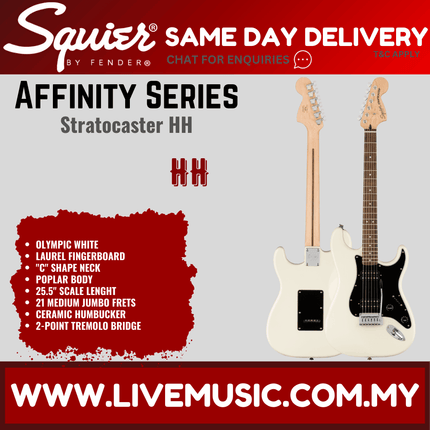 Squier Affinity Series Stratocaster HH promo with Olympic white guitar and delivery info