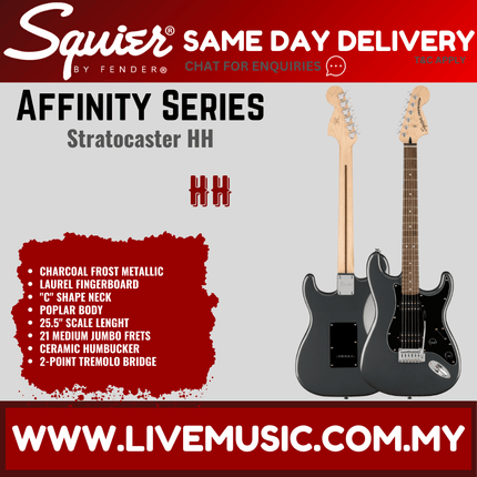 Squier SAME DAY DELIVERY Affinity Series Stratocaster HH promo featuring a charcoal guitar